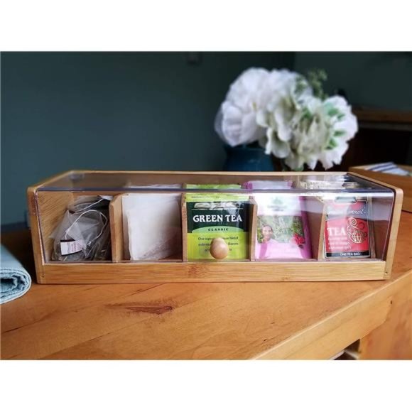 Bamboo Wood and Acrylic Tea Box with 5 Sections, 14" x 5" x 3-3/4" - Picture 3 of 5